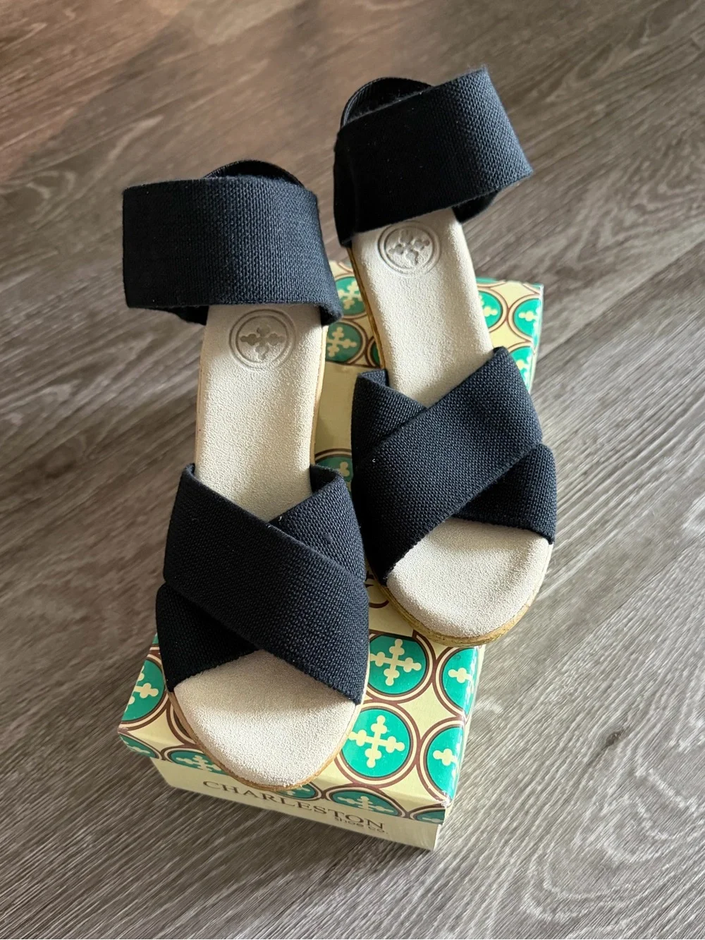 Charleston Shoe Co, Cannon Wedge Sandals, size 6, black, new in box!